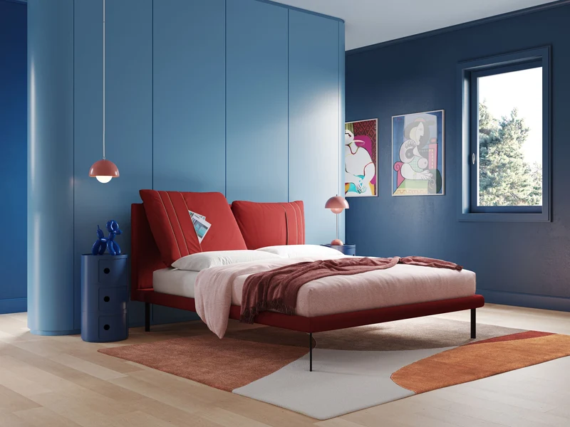Giselle lit moderne avec coussins tête de lit réglables avec poches en microfibre imperméable T11 rouge