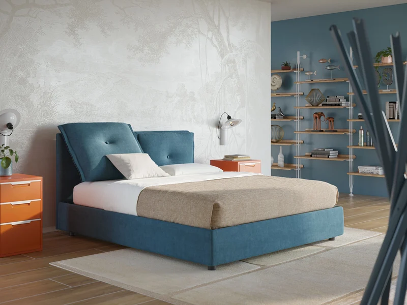 Travis lit coffre avec coussins capitonnés amovibles en tissu imperméable T02 bleu gris