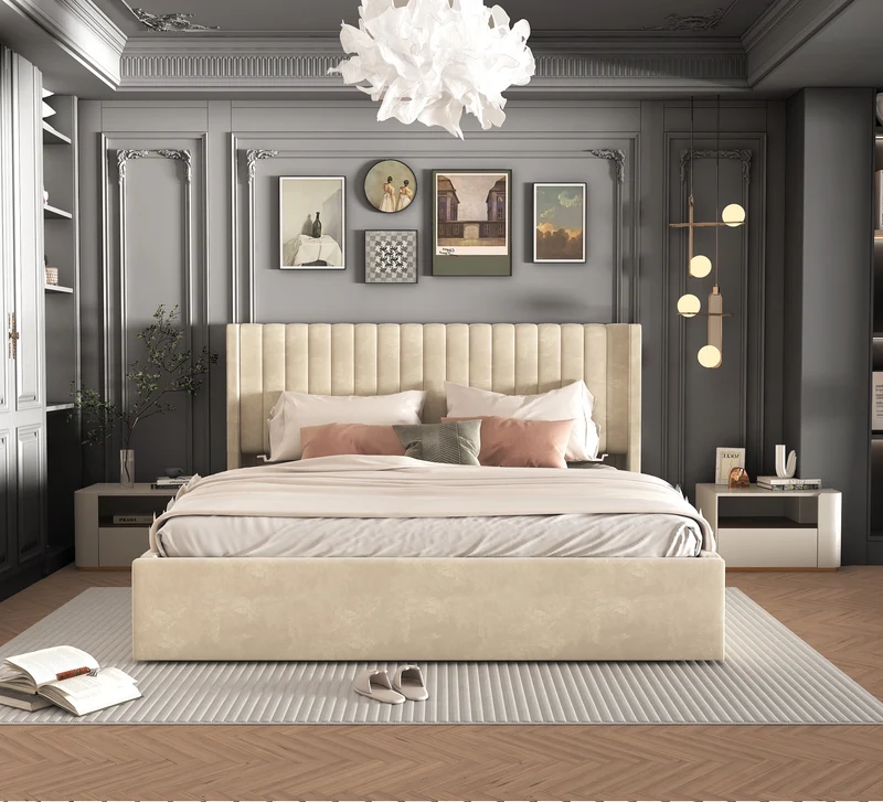 Lit Coffre Camille Beige – Velours 90x190
