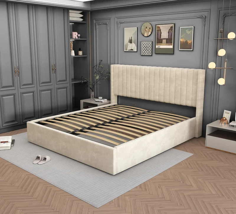 Lit Coffre Camille Beige – Velours 90x190