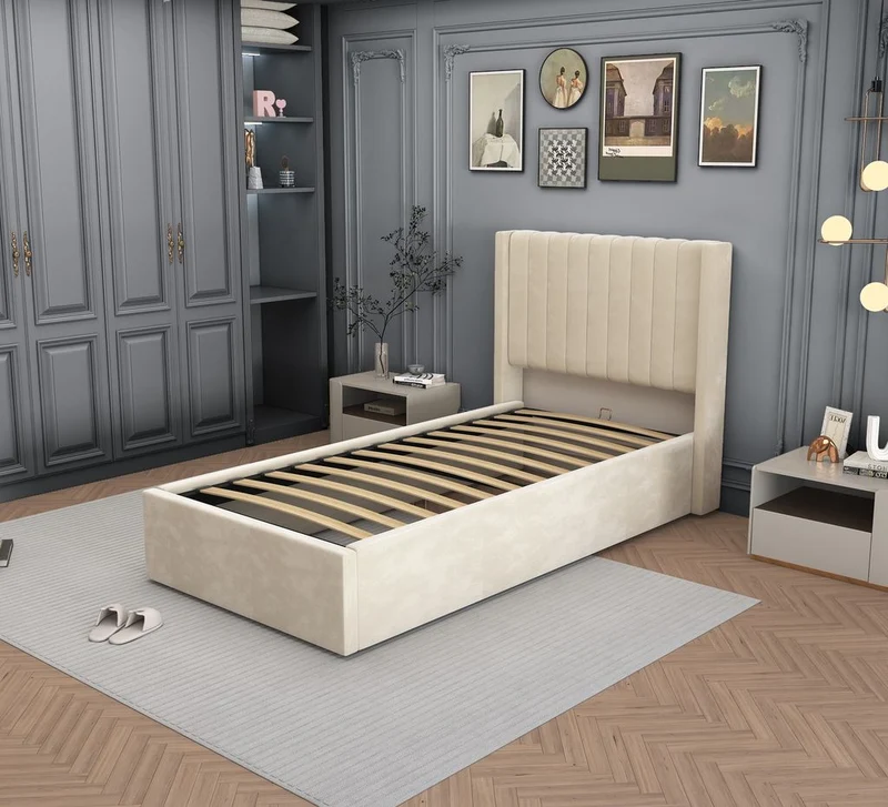 Lit Coffre Camille Beige – Velours 90x190
