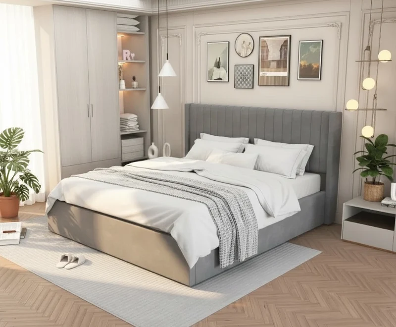 Lit Coffre Camille Gris – Velours 90x190