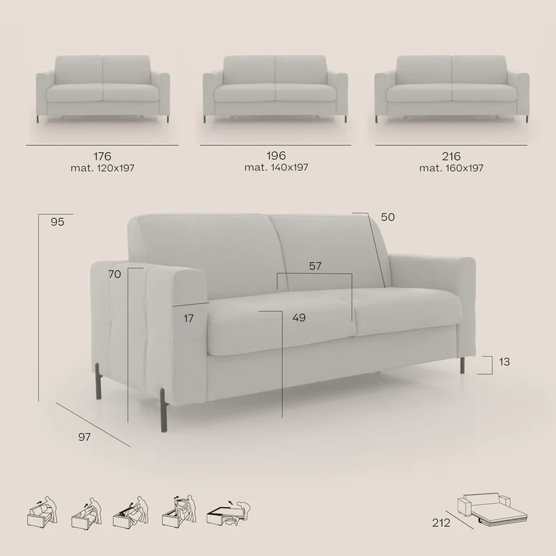 Ortensia canapé convertible matelas H 18cm et pieds hauts en élégante microfibre détachable T11 crème
