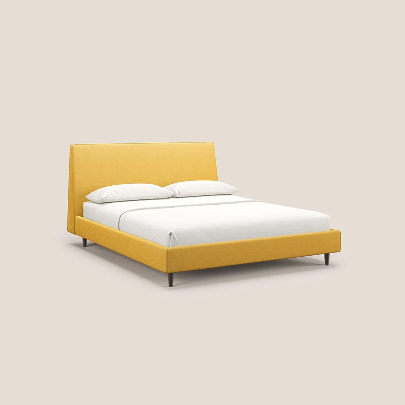 Dorotea lit rembourré avec pieds bois et tissu bouclette douce imperméable T07 jaune