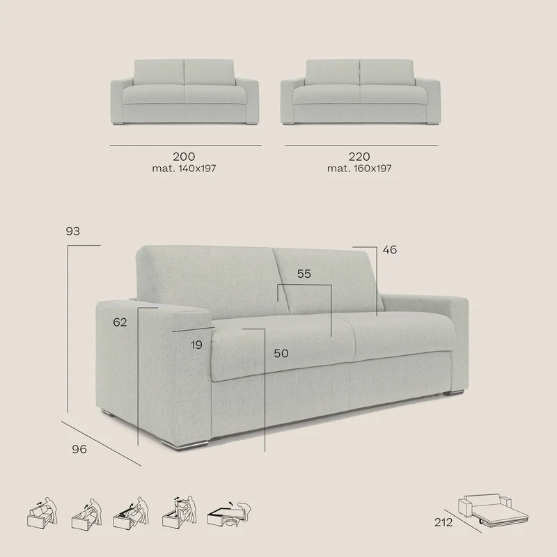 Nixon Canapé convertible avec matelas 20cm en tissu imperméable T03 gris clair