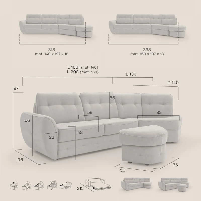 Zeus Canapé d'angle convertible avec matelas H18 cm pouf mobile en tissu imperméable T02 gris