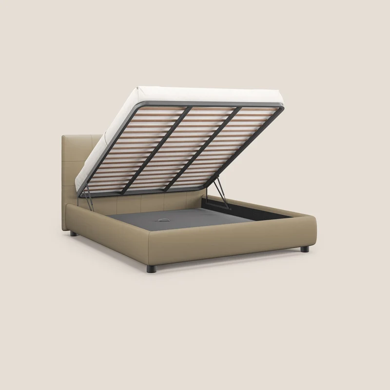 Minato lit coffre avec tête de lit capitonnée en similicuir imperméable T04 beige
