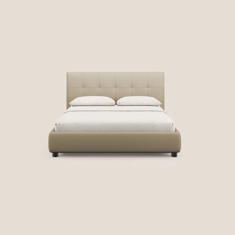 Minato lit coffre avec tête de lit capitonnée en similicuir imperméable T04 beige