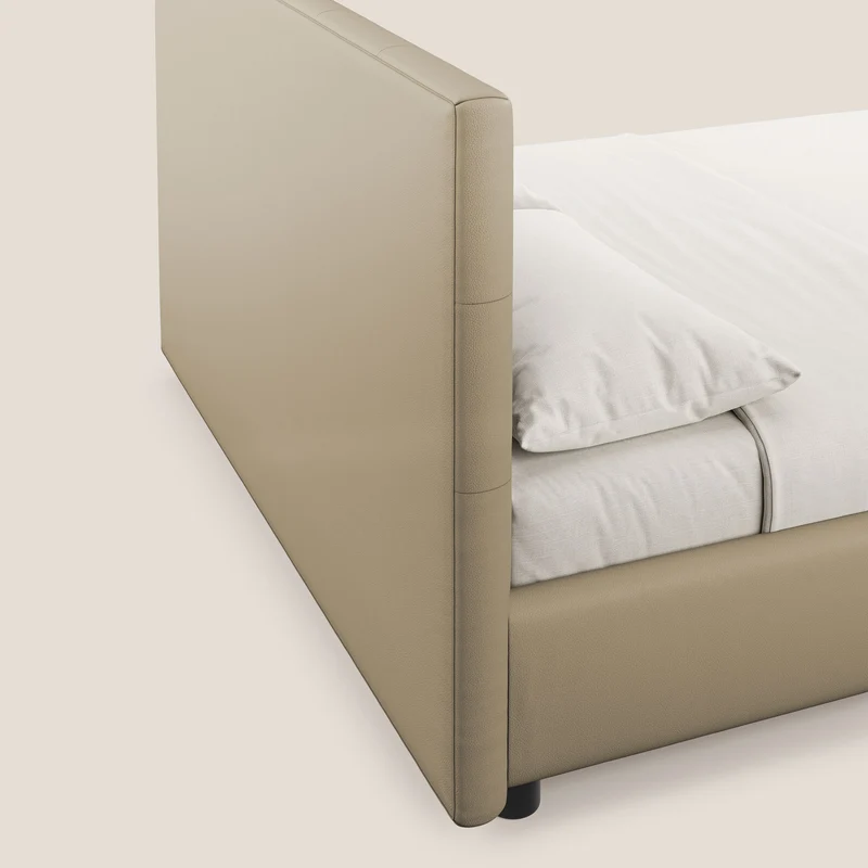 Minato lit coffre avec tête de lit capitonnée en similicuir imperméable T04 beige
