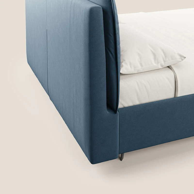 Nives lit rembourré avec coffre déhoussable en microfibre velours imperméable T09 bleu