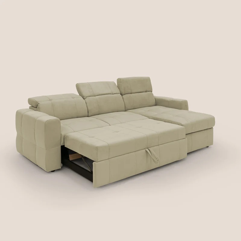 Kronos Canapé d'angle avec pouf extractible et coffre de rangement en microfibre imperméable T11 beige