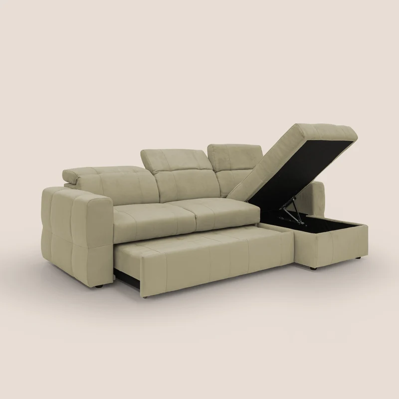 Kronos Canapé d'angle avec pouf extractible et coffre de rangement en microfibre imperméable T11 beige