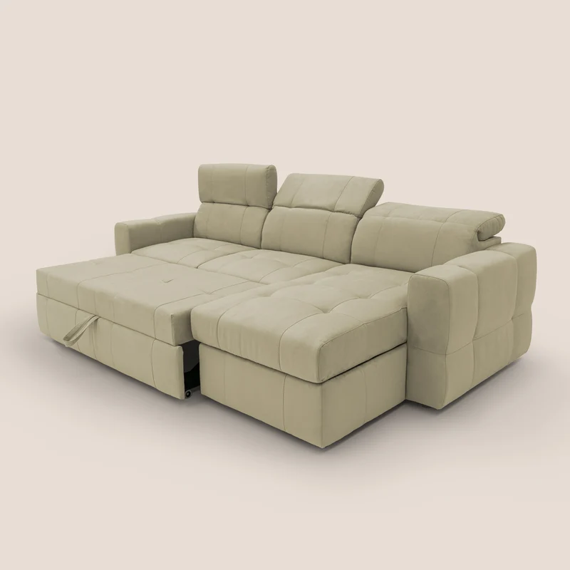 Kronos Canapé d'angle avec pouf extractible et coffre de rangement en microfibre imperméable T11 beige