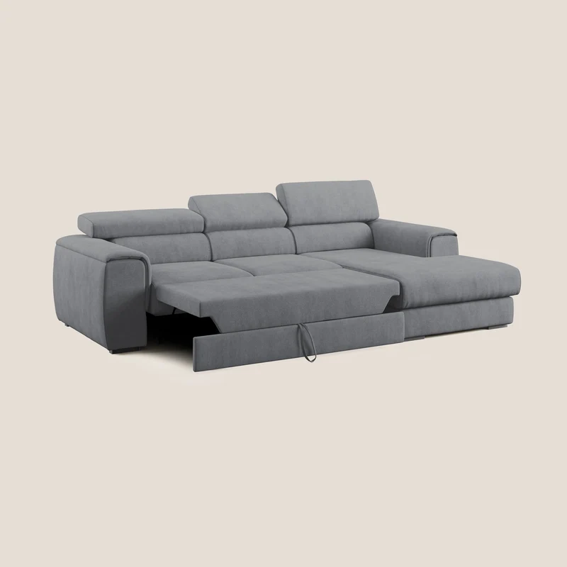 Zeno canapé d'angle et pouf extractible en tissu doux imperméable T02 gris