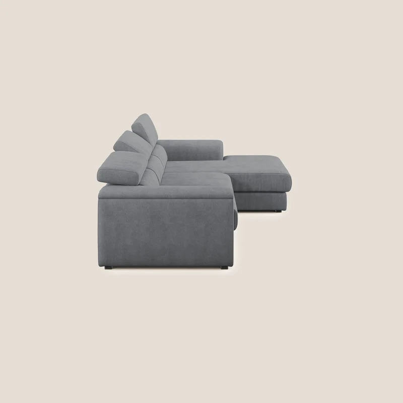 Zeno canapé d'angle et pouf extractible en tissu doux imperméable T02 gris