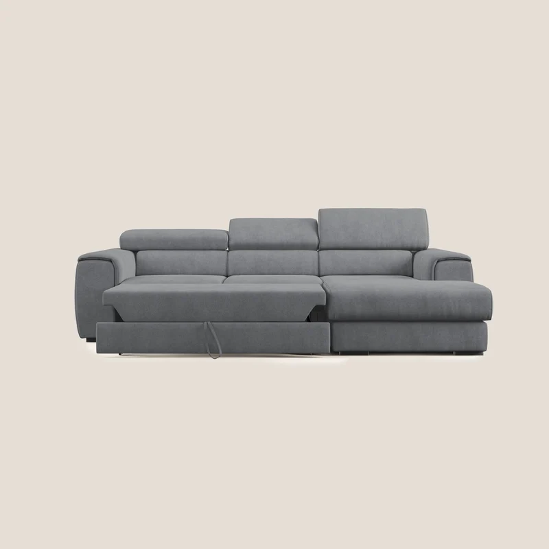 Zeno canapé d'angle et pouf extractible en tissu doux imperméable T02 gris