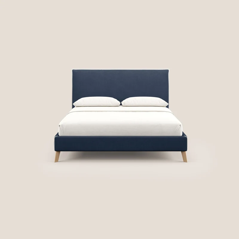 Lit rembourré Leila avec pieds en bois en tissu détachable T17 bleu - blanc