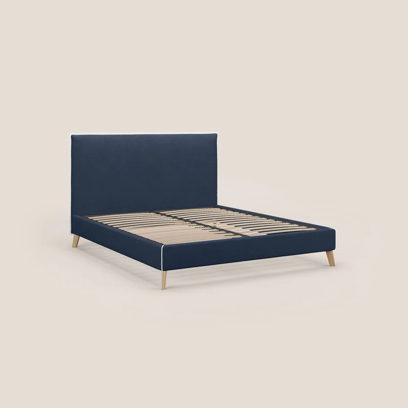 Lit rembourré Leila avec pieds en bois en tissu détachable T17 bleu - blanc