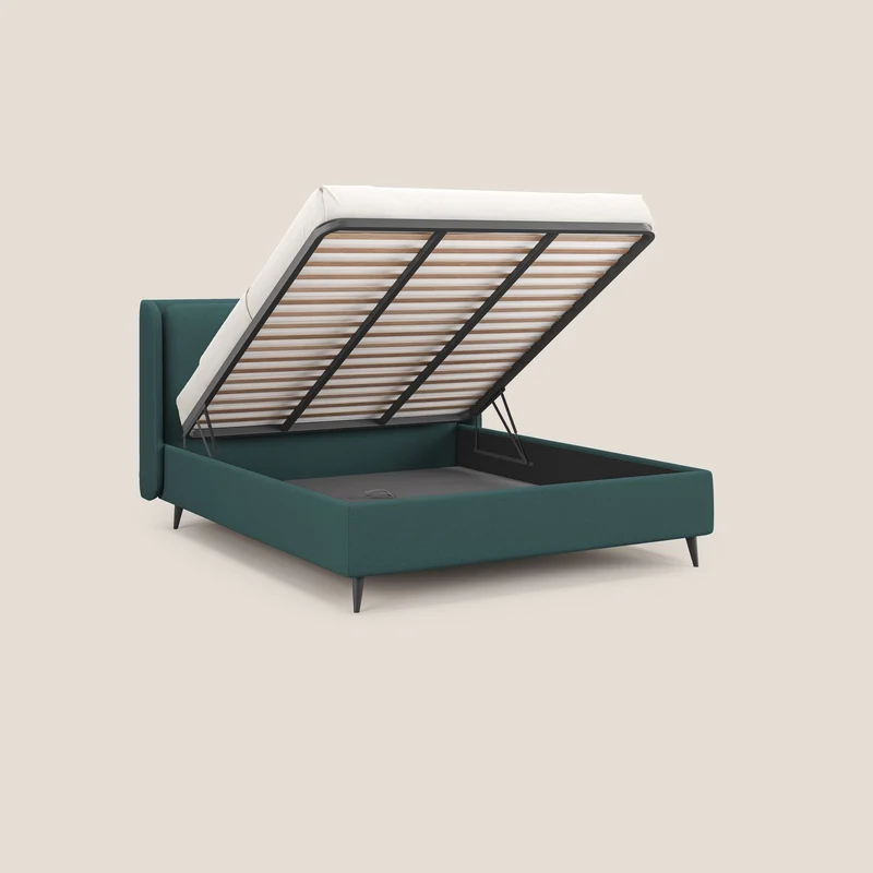 Nadine lit coffre de design et confort italien en tissu imperméable T19 bleu canard