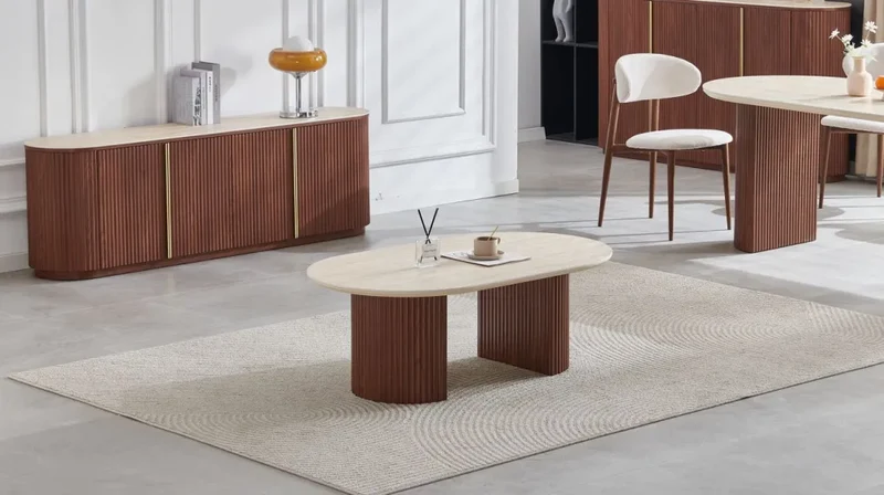 Table basse Calypso travertin bois noyer