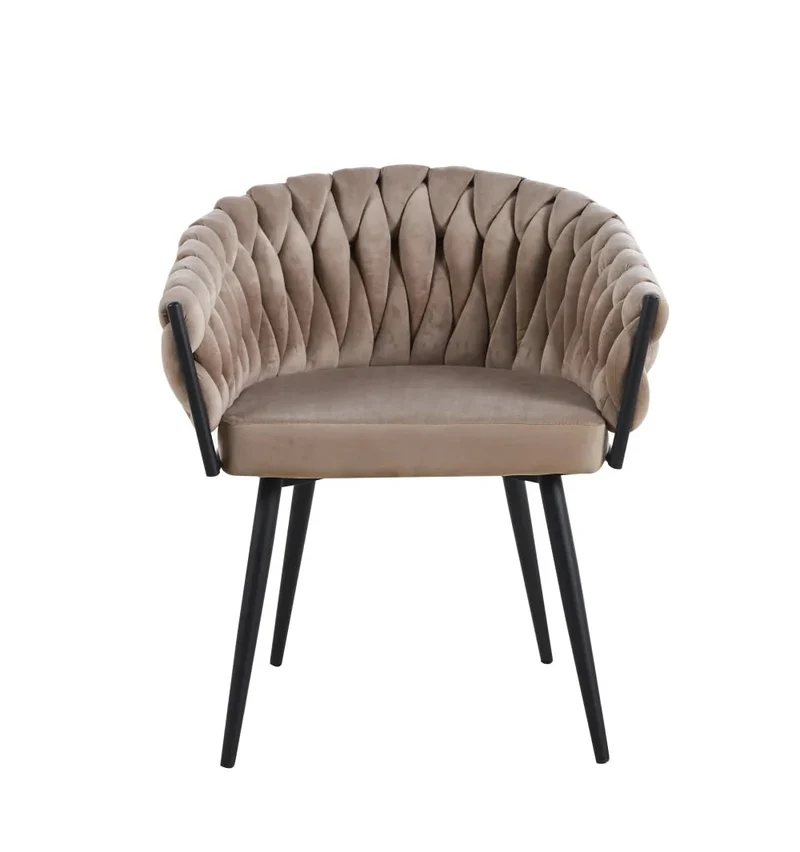 CHAISE AVEC ACCOUDOIR TRESSEE PIED METAL NOIR VELOURS TAUPE
