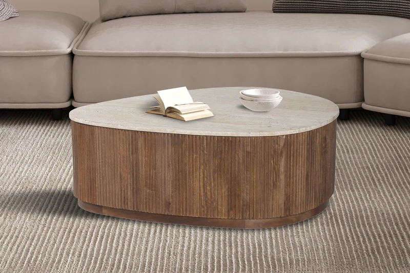 Table basse Nolan travertin, bois de manguier 100 cm