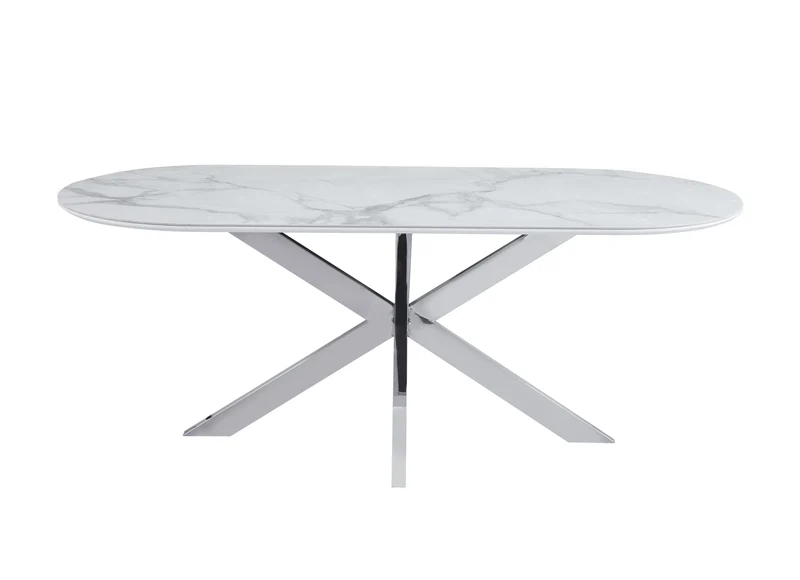 TABLE REPAS MANON PIED CHROME PLATEAU CERAMIQUE MARBRE BLANC 200x100cm
