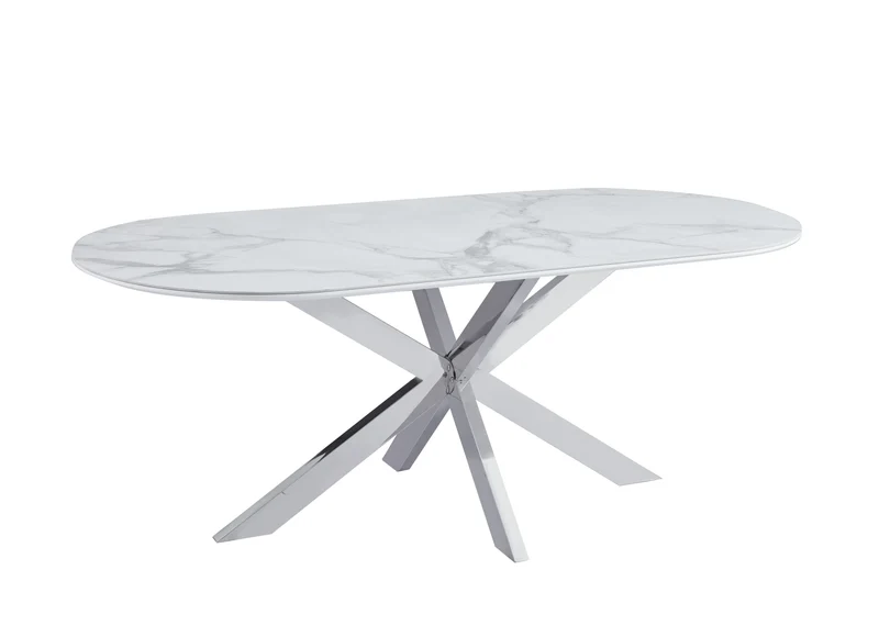 TABLE REPAS MANON PIED CHROME PLATEAU CERAMIQUE MARBRE BLANC 200x100cm