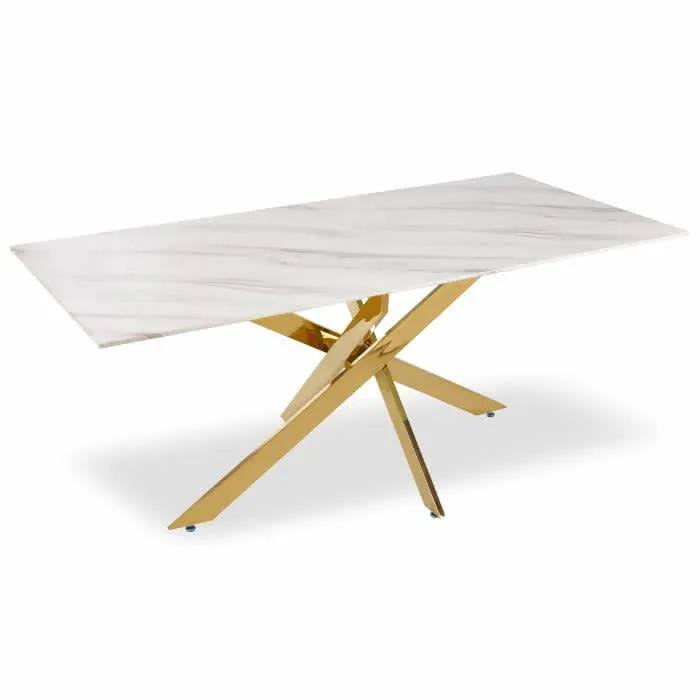 Table Repas JESSICA Gold et plateau en verre 150 cm 4 à 6 couverts