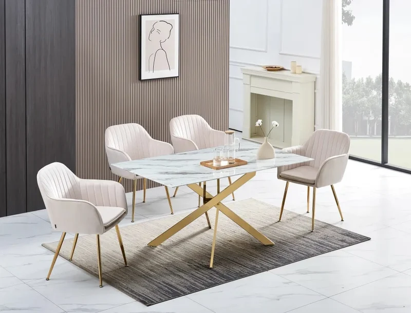 Table Repas JESSICA Gold et plateau en verre 150 cm 4 à 6 couverts