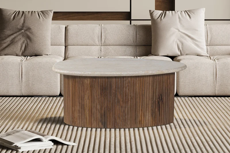 Table basse Louis Ovale travertin pieds bois de manguier