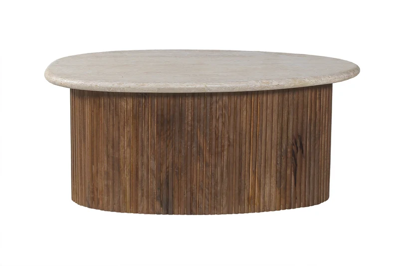 Table basse Louis Ovale travertin pieds bois de manguier