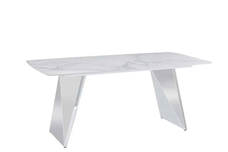 TABLE A MANGER GRAFFI PIED CHROME PLATEAU EN CERAMIQUE MARBRE BLANC180x90x75cm