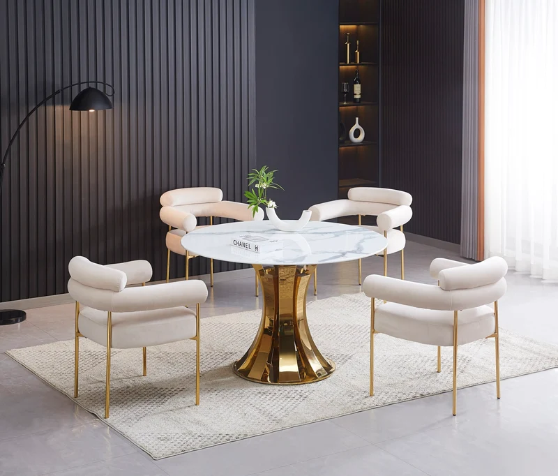 TABLE A MANGER RONDE JUDITH GOLD PLATEAU CERAMIQUE MARBRE BLANC 120cm
