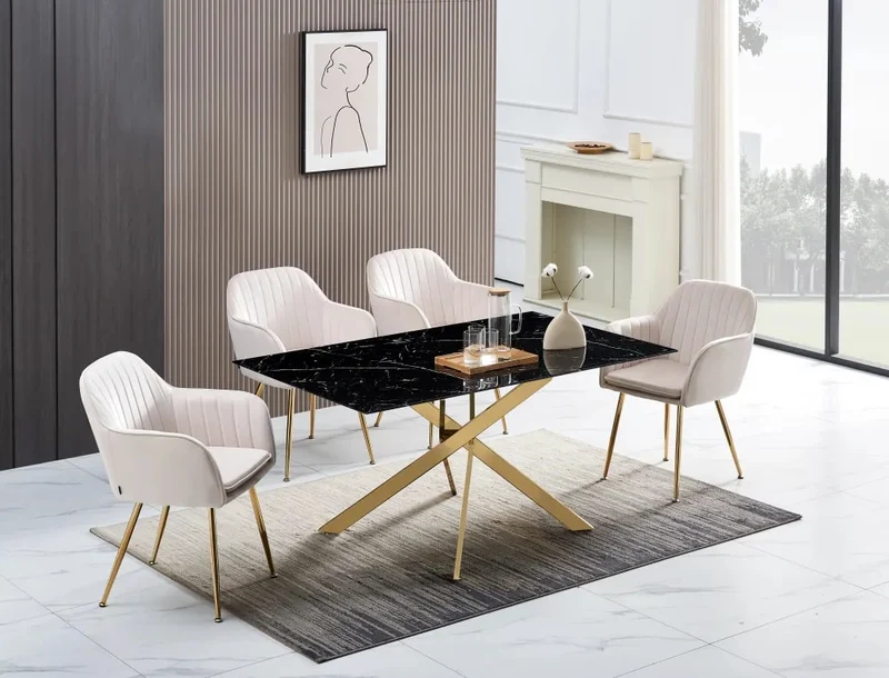 Table Repas JESSICA Gold et plateau en verre 150 cm 4 à 6 couverts