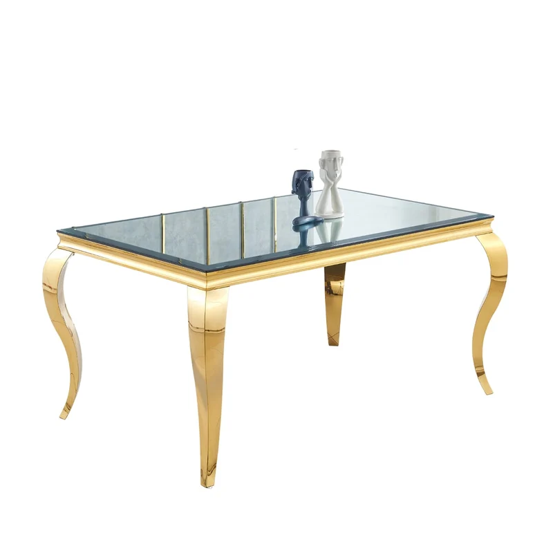 Table à manger BAROQUE 6 à 8 couverts pieds gold plateau en verre 180x90 cm