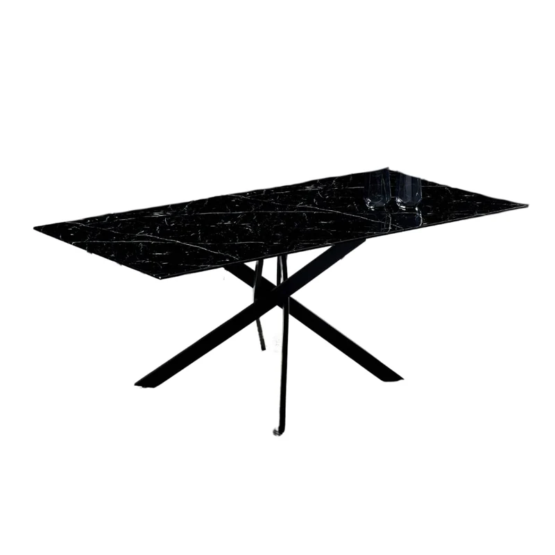 Table Repas JESSICA XXL Métal noir et plateau en verre 180 cm 6 à 8 couverts