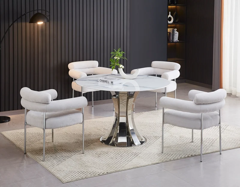 TABLE A MANGER RONDE JUDITH CHROME PLATEAU CERAMIQUE MARBRE BLANC 120cm