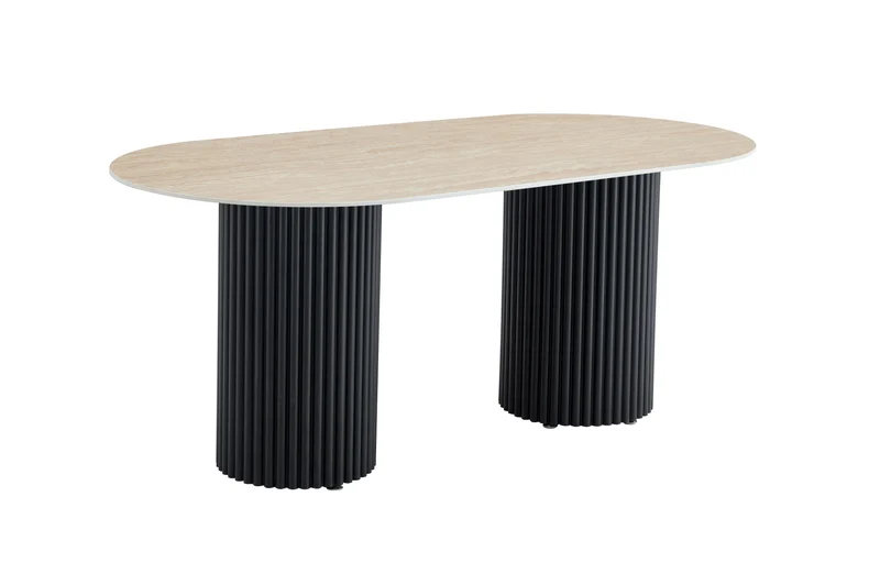 TABLE A MANGER KEYSHA METAL NOIR CERAMIQUE TRAVERTIN 180x90cm