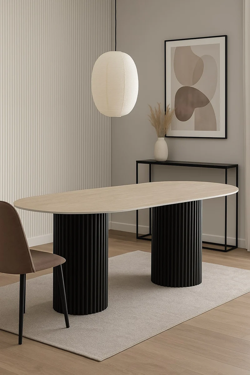 TABLE A MANGER KEYSHA METAL NOIR CERAMIQUE TRAVERTIN 180x90cm