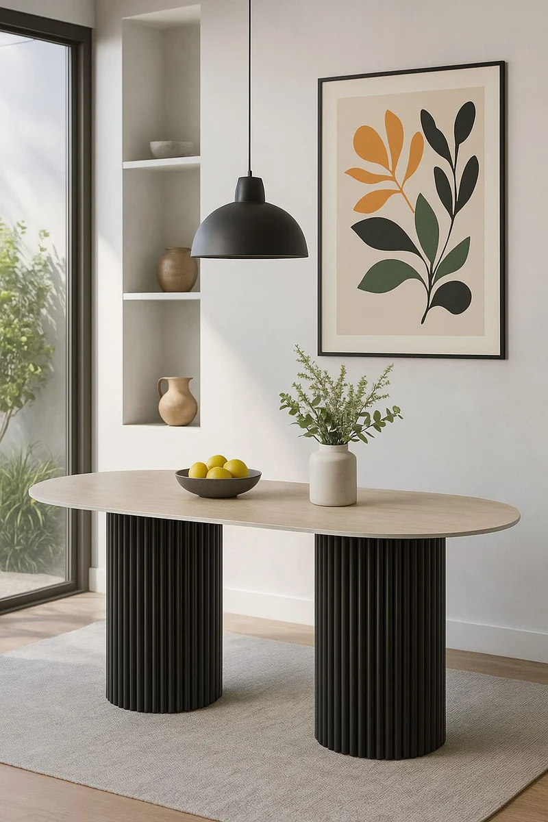 TABLE A MANGER KEYSHA METAL NOIR CERAMIQUE TRAVERTIN 180x90cm