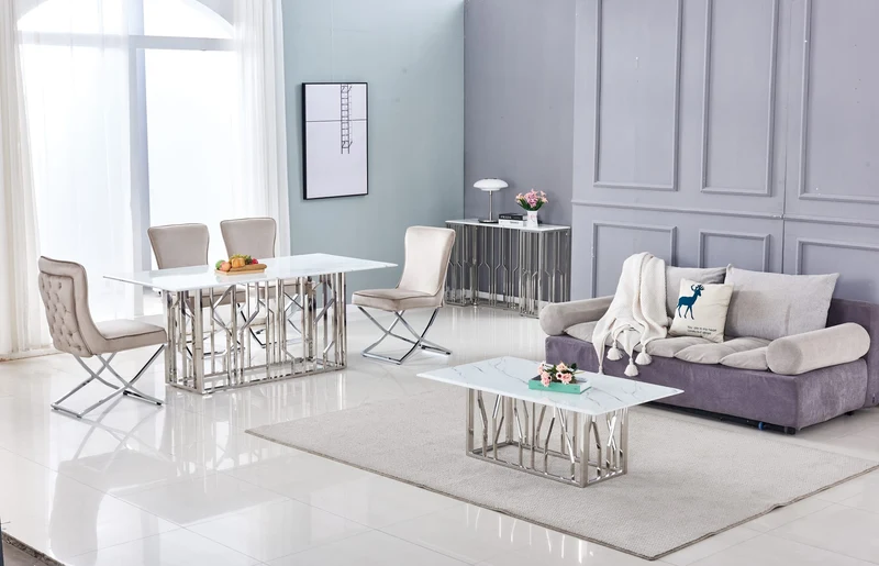 TABLE REPAS PORTOFINO CHROME MARBRE BLANC 180 x 90 CM