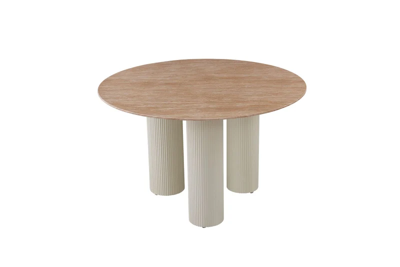 TABLE REPAS ANAÏS PIEDS BEIGE PLATEAU CERAM TRAVERTIN 120CM
