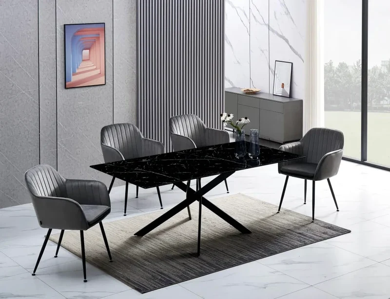 Table Repas JESSICA Métal noir et plateau en verre 150 cm 4 à 6 couverts