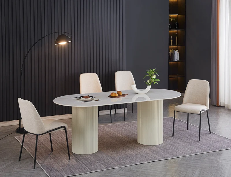 TABLE A MANGER SALMA XXL PIED BEIGE PLATEAU CERAMIQUE MARBRE BEIGE 90X200X75cm