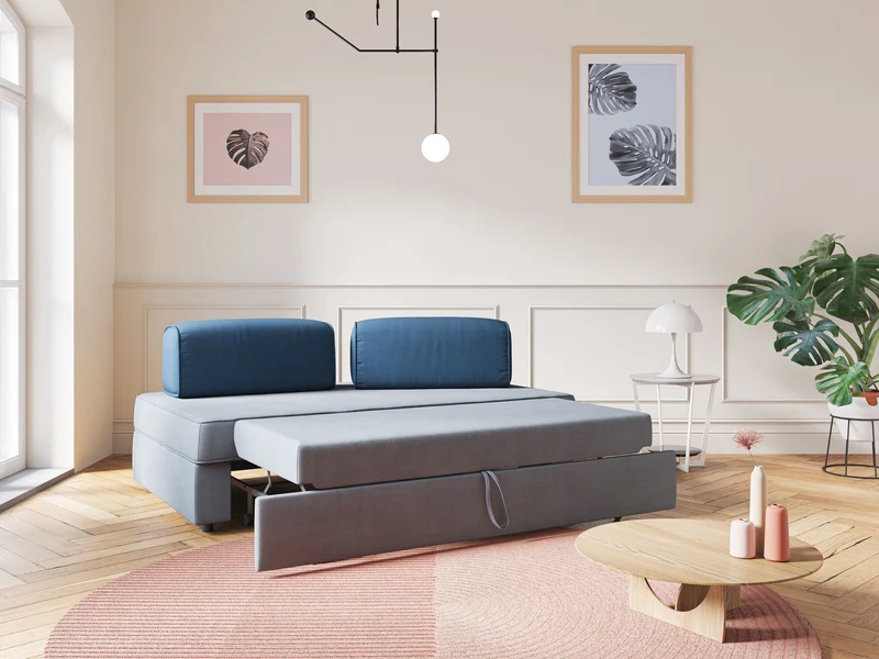 Liberty canapé avec pouf extractible et dossier amovible en tissu doux imperméable T02 bleu canard