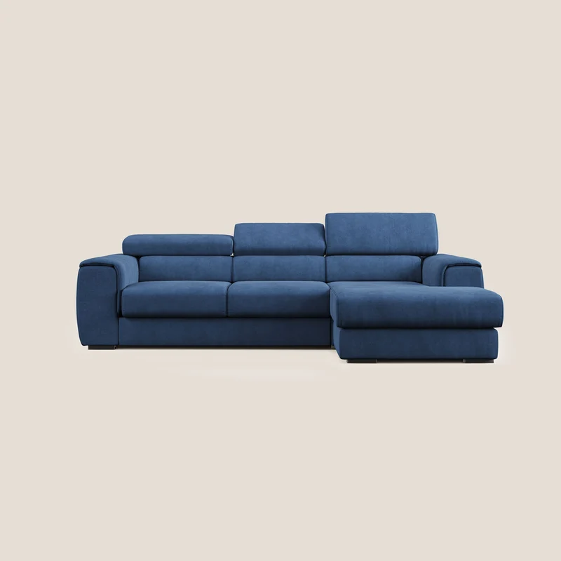 Zeno canapé d'angle et pouf extractible en tissu doux imperméable T02 bleu