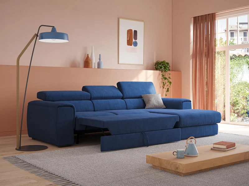 Zeno canapé d'angle et pouf extractible en tissu doux imperméable T02 bleu