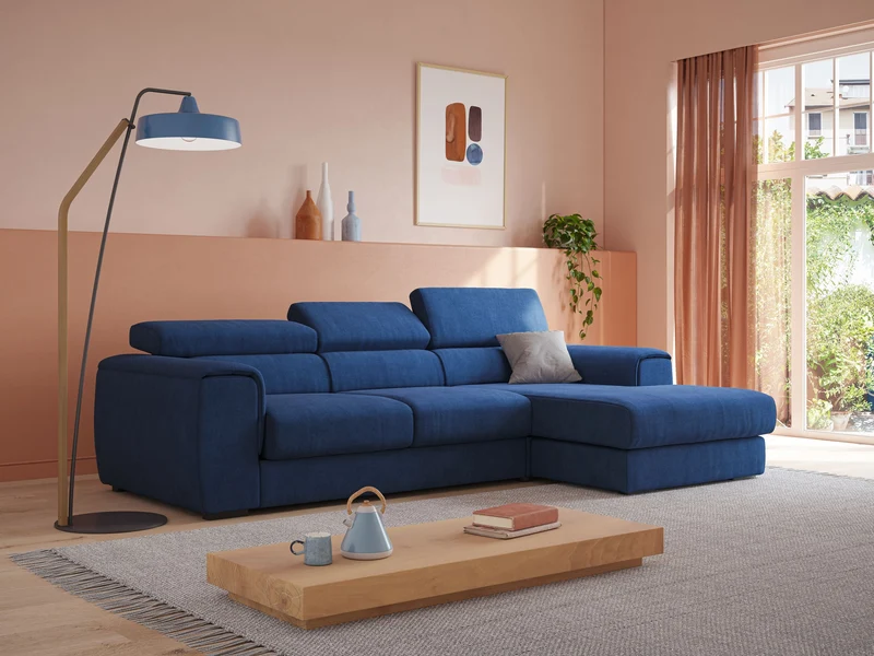 Zeno canapé d'angle et pouf extractible en tissu doux imperméable T02 bleu