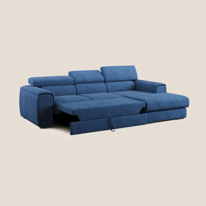 Zeno canapé d'angle et pouf extractible en tissu doux imperméable T02 bleu